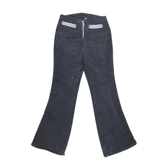 Vintage 90s Black Denim Low Rise White Racing Stripe Flare Jeans 7 - Picture 1 of 6
